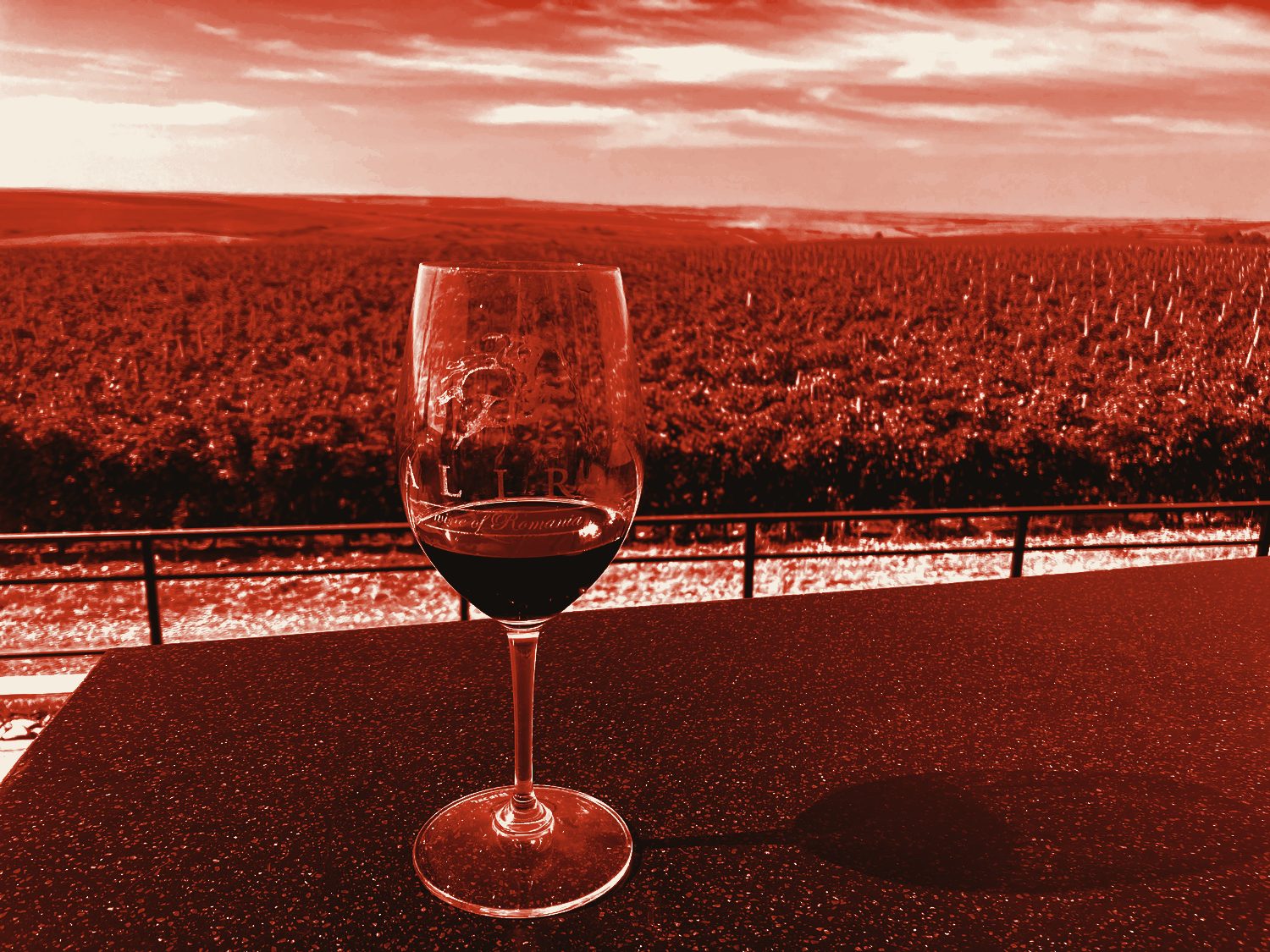 Pahar de vin românesc peste o podgorie, tratat monocrom în roșu